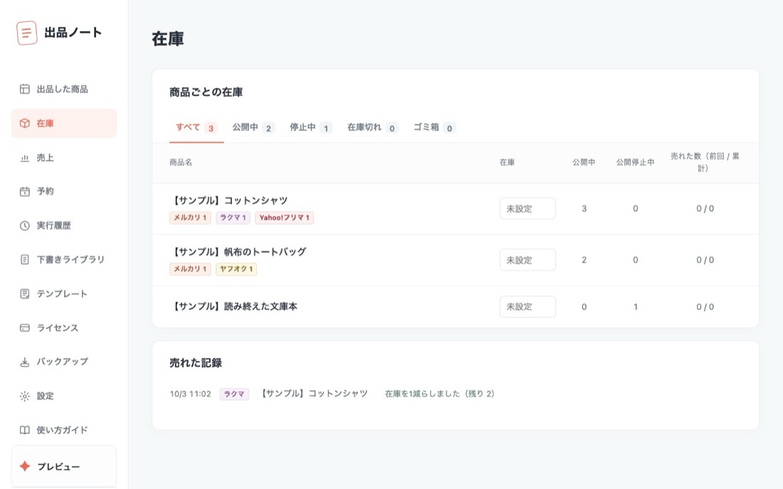 在庫の画面。商品ごとに在庫数とサイトごとの出品状況が並ぶ(見本のデータ)